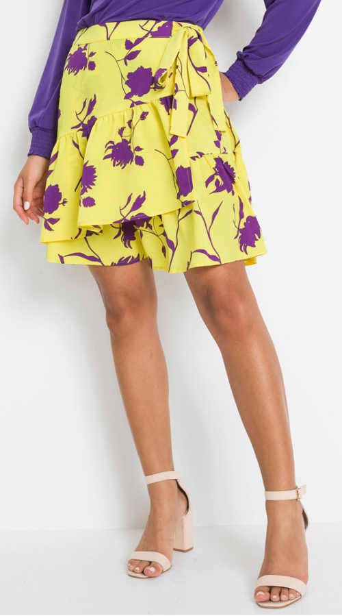 Žlto-fialová letná krátka sukňa