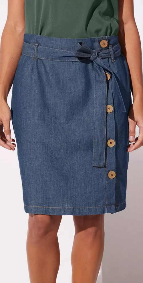Prepínacia džínsová sukňa s gombíkmi a zaväzovacím opaskom