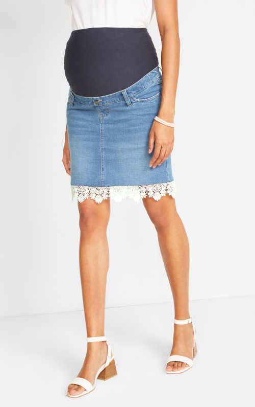 Moderná tehotenská džínsová sukňa s čipkovanými detailmi