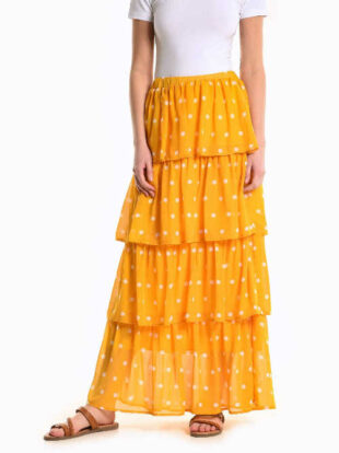 Bodkovaná sukňa s volánmi v maxi dĺžke v čiernej alebo žltej farbe