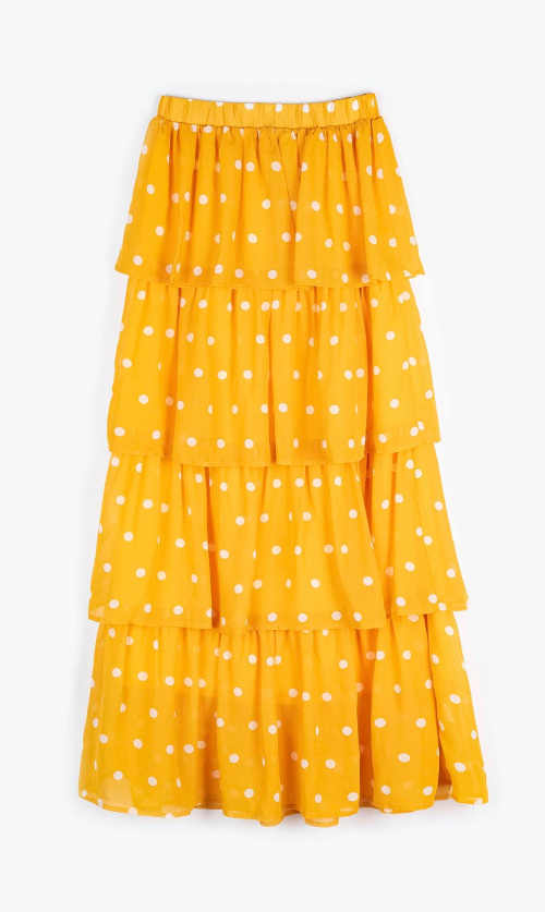 Dámska sukňa s volánmi s moderným bodkovaným vzorom