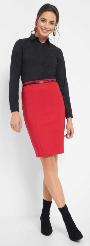 Rovná červená dámska formálna sukňa s dĺžkou po kolená