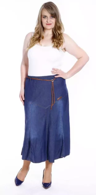 Dlhá džínsová sukňa s elastickým pásom pre plnoštíhle osoby