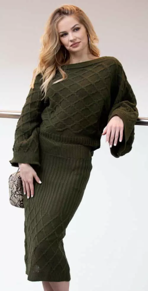 Dámsky khaki sveter s pletenou sukňou
