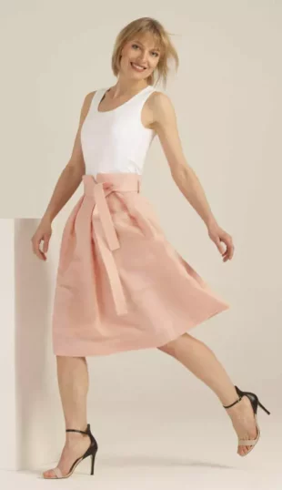 Široká ružová spoločenská sukňa so zaväzovaním v páse