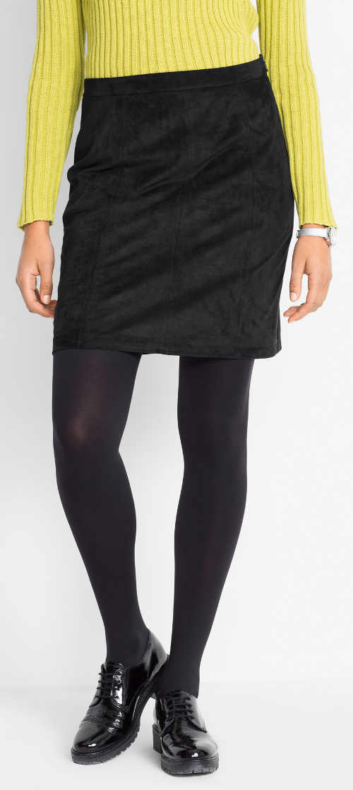 Jednofarebná čierna krátka semišová sukňa na zimu