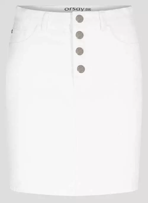 Biela džínsová sukňa s predným zapínaním na štyri kovové gombíky